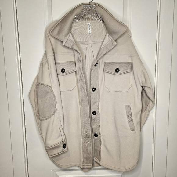 Zenana Beige Two Tone L/S Collared Button Front Elbow Patch Shacket Size XL - Picture 2 of 13